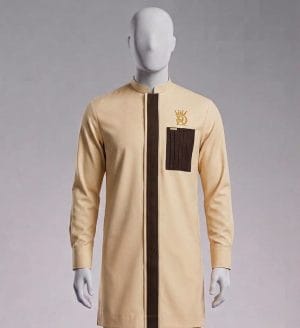 Tunique Homme Col Officier bicolore | Tunique Homme Café - Royal Design Tunique Homme Col Officier bicolore de couleur café avec logo Royal Design.