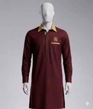 Tunique Homme Bordeaux Royal Design | Élégance à Pointe-Noire Tunique longue bordeaux pour homme, col doré, marque Royal Design, disponible à Pointe-Noire.